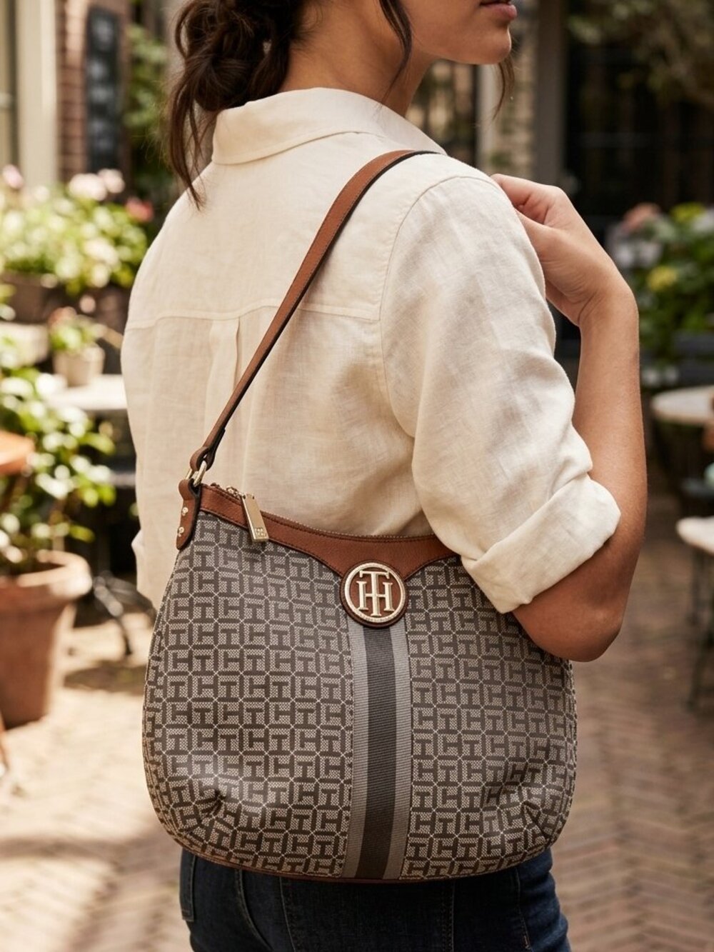 Tommy Hilfiger Vintage Monogram Hobo Shoulder Bag - Tan/Grey